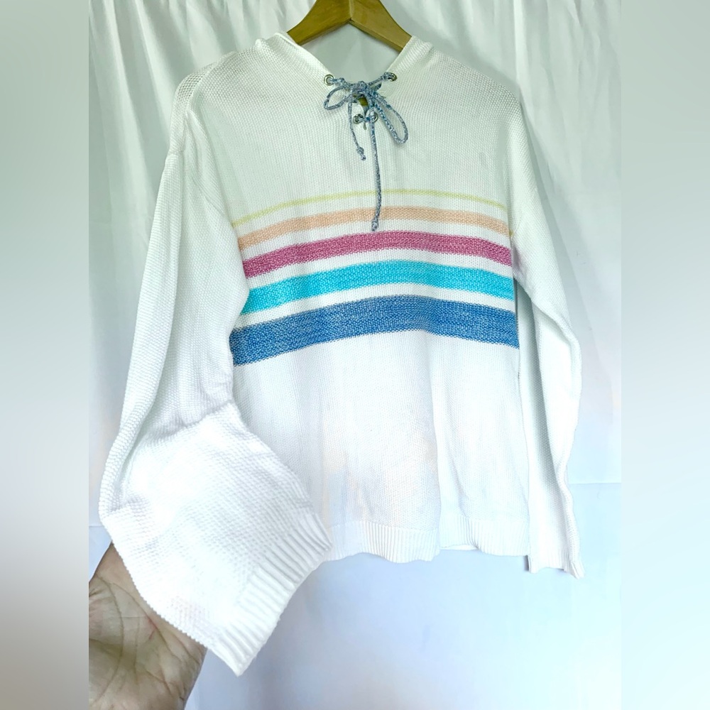 Cotton Hoodie Micro‎ Knit White Stripes Coastal Sailor Clean Girl Women’s Small